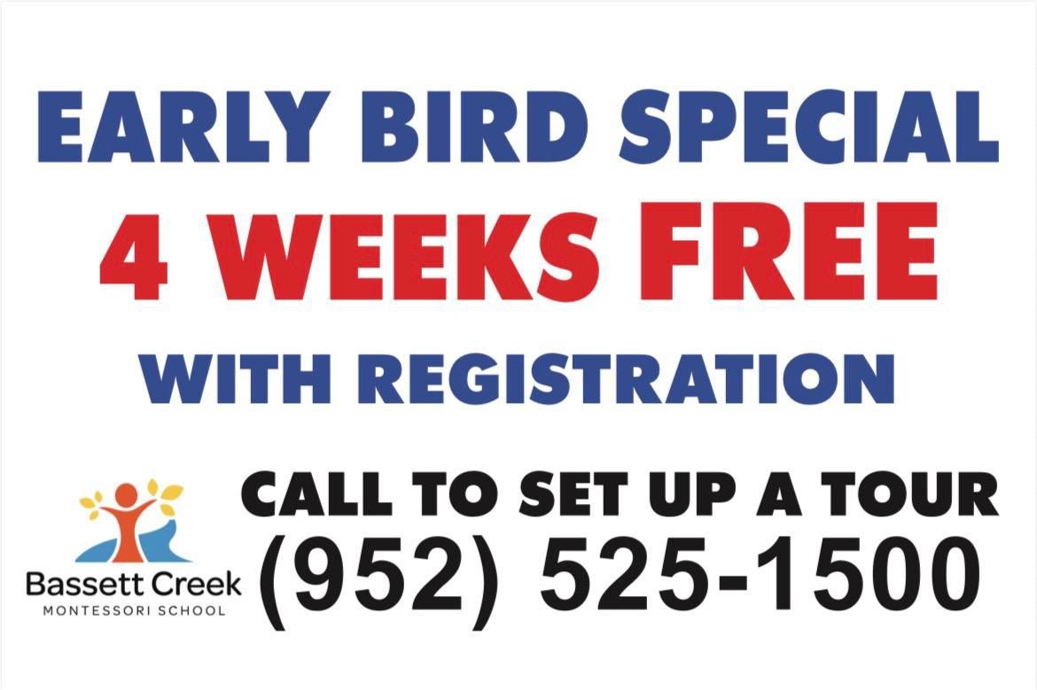 Early Bird Special – 4 Weeks Free with Registration. Call to set up a tour: (952) 525-1500